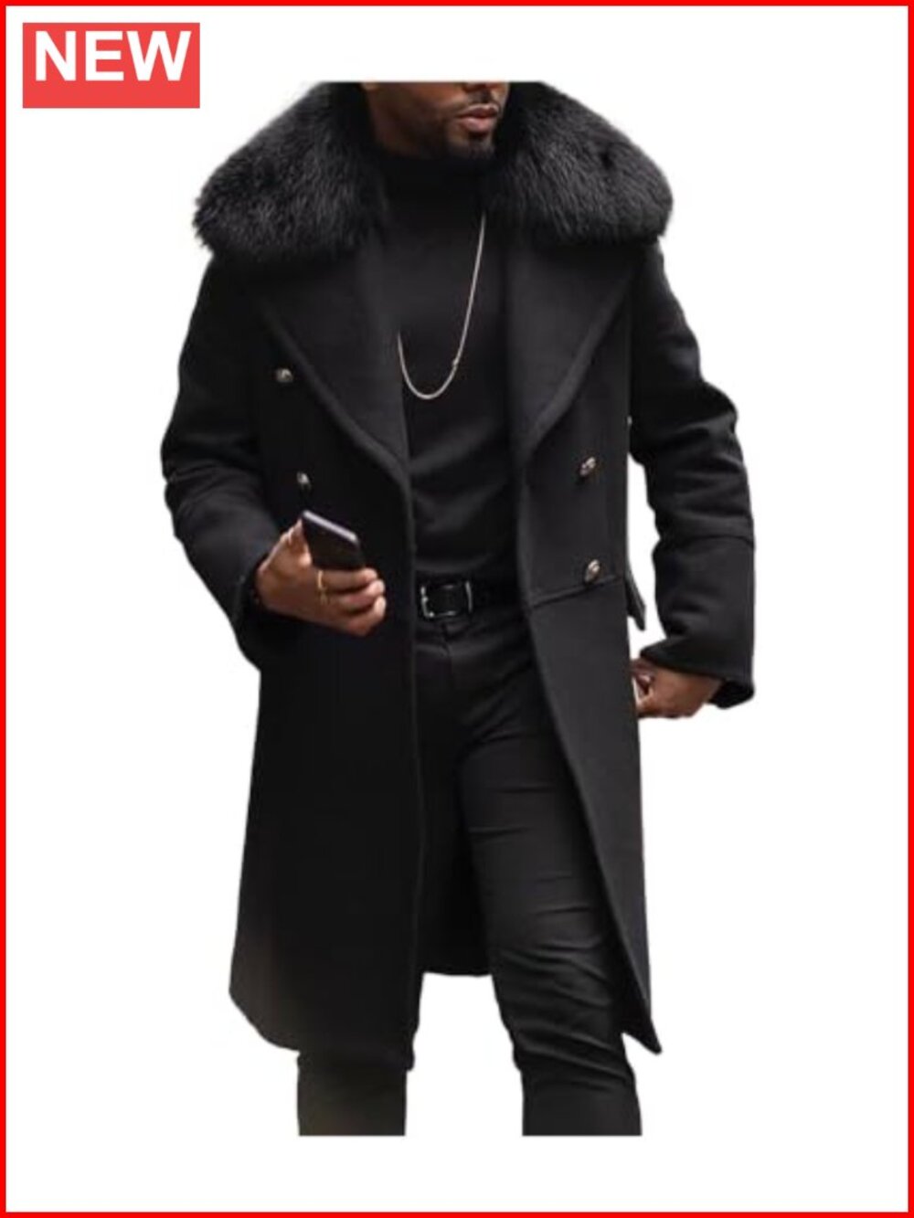 Mens Wool Blend Pea Coat Double Breasted Trench with Detachable Faux Fur Collar